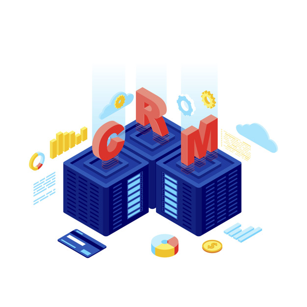 CRM system isometric vector illustration. Customer relationship management software. CRM server, database, Saas. Client data storage and analytics. Ecommerce statistic, marketing automation 3d concept