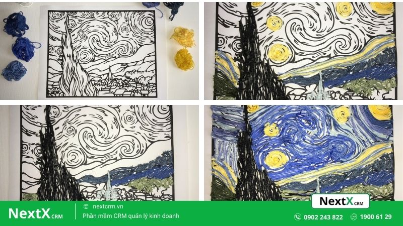 Cách làm đồ handmade bằng len độc đáo_ Tranh “Đêm đầy sao” của Van Gogh